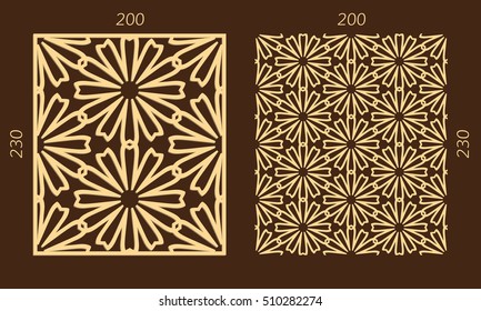 Laser cutting set. Woodcut vector panel. Plywood lasercut eastern design. Hexagonal seamless pattern for printing, engraving, paper cutting. Stencil ornament.
