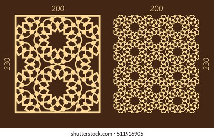 Laser cutting set. Woodcut vector panel. Plywood lasercut eastern design. Hexagonal seamless pattern for printing, engraving, paper cutting. Stencil ornament.