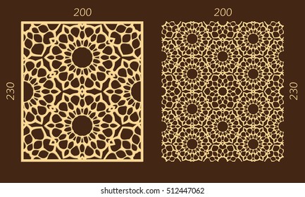 Laser cutting set. Woodcut vector panel. Plywood lasercut eastern design. Hexagonal seamless pattern for printing, engraving, paper cutting. Stencil ornament.