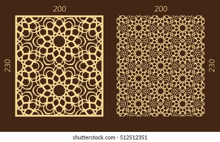 Laser cutting set. Woodcut vector panel. Plywood lasercut eastern design. Hexagonal seamless pattern for printing, engraving, paper cutting. Stencil ornament.