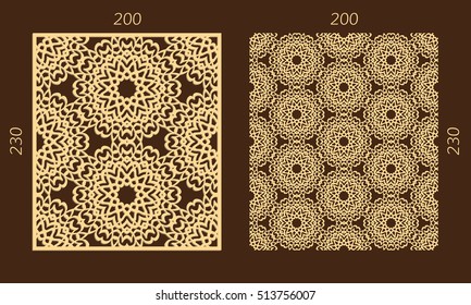 Laser cutting set. Woodcut vector panel. Plywood lasercut eastern design. Hexagonal seamless pattern for printing, engraving, paper cutting. Stencil ornament.