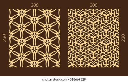Laser cutting set. Woodcut vector seamless panels. Plywood lasercut geometric design. Hexagonal patterns for printing, engraving, paper cutting. Stencil ornament.