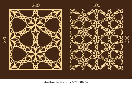 Laser cutting set. Woodcut vector panel. Plywood lasercut eastern design. Hexagonal seamless pattern for printing, engraving, paper cutting. Stencil ornament.