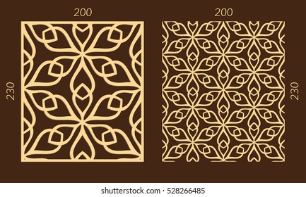Laser cutting set. Woodcut vector panel. Plywood lasercut eastern design. Hexagonal seamless pattern for printing, engraving, paper cutting. Stencil ornament.