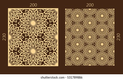 Laser cutting set. Woodcut vector panel. Plywood lasercut eastern design. Hexagonal seamless pattern for printing, engraving, paper cutting. Stencil ornament