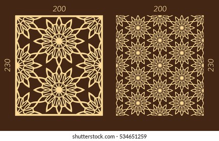 Laser cutting set. Woodcut vector panel. Plywood lasercut eastern design. Hexagonal seamless pattern for printing, engraving, paper cutting. Stencil ornament