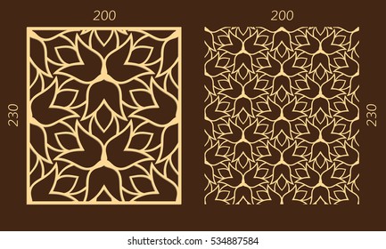 Laser cutting set. Woodcut vector panel. Plywood lasercut eastern design. Hexagonal seamless pattern for printing, engraving, paper cutting. Stencil ornament