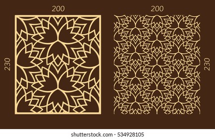 Laser cutting set. Woodcut vector panel. Plywood lasercut eastern design. Hexagonal seamless pattern for printing, engraving, paper cutting. Stencil ornament