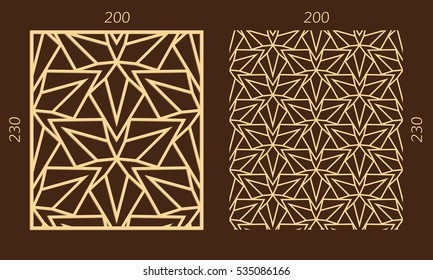Laser cutting set. Woodcut vector panel. Plywood lasercut eastern design. Hexagonal seamless pattern for printing, engraving, paper cutting. Stencil ornament