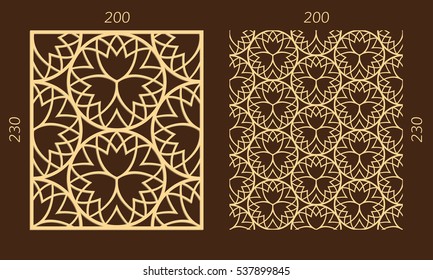 Laser cutting set. Woodcut vector panel. Plywood lasercut eastern design. Hexagonal seamless pattern for printing, engraving, paper cutting. Stencil trefoil ornament.