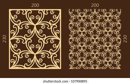 Laser cutting set. Woodcut vector panel. Plywood lasercut eastern design. Hexagonal seamless pattern for printing, engraving, paper cutting. Stencil ornament.