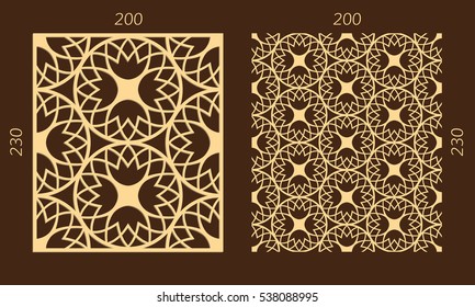 Laser cutting set. Woodcut vector panel. Plywood lasercut eastern design. Hexagonal seamless pattern for printing, engraving, paper cutting. Stencil ornament.