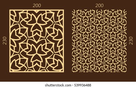 Laser cutting set. Woodcut vector panel. Plywood lasercut eastern design. Hexagonal seamless pattern for printing, engraving, paper cutting. Stencil ornament.