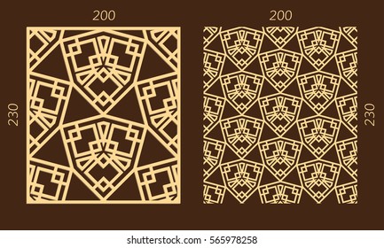 Laser cutting set. Woodcut vector panel. Plywood lasercut geometric design. Hexagonal seamless pattern for printing, engraving, paper cutting. Stencil ornament