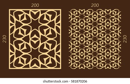 Laser cutting set. Woodcut vector trellis panel. Plywood lasercut eastern design. Hexagonal seamless pattern for printing, engraving, paper cutting. Stencil lattice ornament