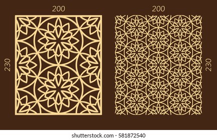 Laser cutting set. Woodcut vector trellis panel. Plywood lasercut eastern design. Hexagonal seamless pattern for printing, engraving, paper cutting. Stencil lattice ornament