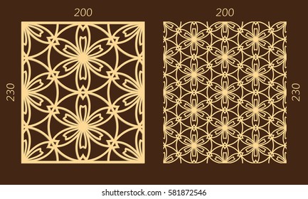 Laser cutting set. Woodcut vector trellis panel. Plywood lasercut eastern design. Hexagonal seamless pattern for printing, engraving, paper cutting. Stencil lattice ornament