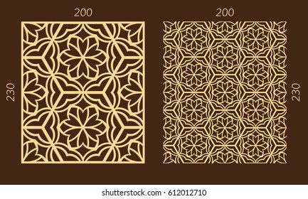 Laser cutting set. Woodcut vector trellis panel. Plywood lasercut eastern design. Hexagonal seamless pattern for printing, engraving, paper cutting. Stencil lattice ornament.