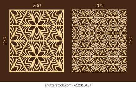 Laser cutting set. Woodcut vector trellis panel. Plywood lasercut eastern design. Hexagonal seamless pattern for printing, engraving, paper cutting. Stencil lattice ornament.