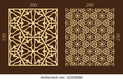 Laser cutting set. Woodcut vector trellis panel. Plywood lasercut eastern design. Hexagonal seamless pattern for printing, engraving, paper cutting. Stencil lattice ornament.