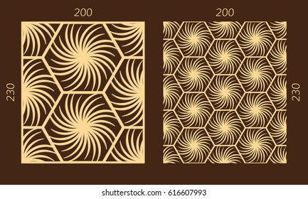 Laser cutting set. Woodcut vector trellis panel. Plywood lasercut eastern design. Hexagonal seamless pattern for printing, engraving, paper cutting. Stencil lattice ornament.