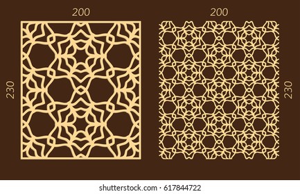 Laser cutting set. Woodcut vector trellis panel. Plywood lasercut eastern design. Hexagonal seamless pattern for printing, engraving, paper cutting. Stencil lattice ornament.