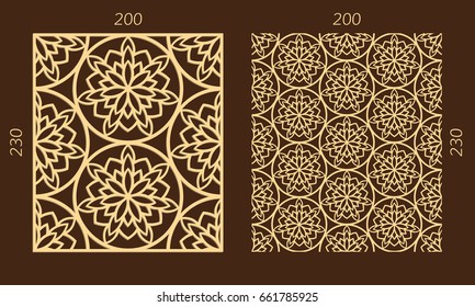 Laser cutting set. Woodcut vector trellis panel. Plywood lasercut eastern design. Hexagonal seamless pattern for printing, engraving, paper cutting. Stencil lattice ornament.