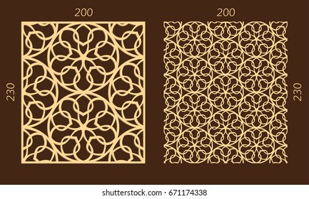 Laser cutting set. Woodcut vector trellis panel. Plywood lasercut eastern design. Hexagonal seamless pattern for printing, engraving, paper cutting. Stencil lattice ornament