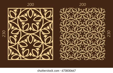 Laser cutting set. Woodcut vector trellis panel. Plywood lasercut eastern design. Hexagonal seamless pattern for printing, engraving, paper cutting. Stencil lattice ornament.