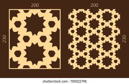 Laser cutting set. Woodcut vector trellis panel. Plywood lasercut eastern design. Hexagonal seamless pattern for printing, engraving, paper cutting. Stencil lattice ornament.