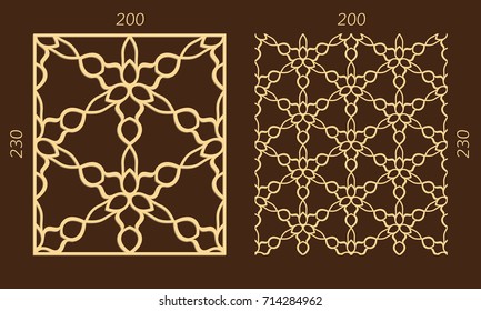 Laser cutting set. Woodcut vector trellis panel. Plywood lasercut eastern design. Hexagonal seamless pattern for printing, engraving, paper cutting. Stencil lattice ornament.
