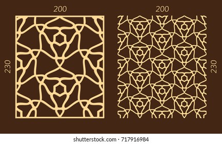 Laser cutting set. Woodcut vector trellis panel. Plywood lasercut eastern design. Hexagonal seamless pattern for printing, engraving, paper cutting. Stencil lattice ornament.