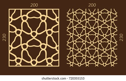 Conjunto de corte por láser. Panel de enrejado de Vector tallado en madera. Diseño oriental cortado con láser de madera contrachapada. Modelo inconsútil hexagonal para la impresión, grabado, corte de papel. Ornamento de retícula de plantilla.