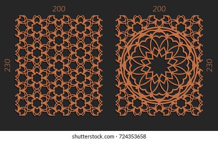 Laser cutting set. Woodcut vector trellis panels. Plywood lasercut floral design. Hexagonal seamless patterns for printing, engraving, paper cut. Stencil lattice ornaments.