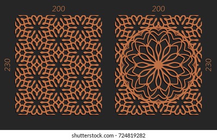 Laser cutting set. Woodcut vector trellis panels. Plywood lasercut floral design. Hexagonal seamless patterns for printing, engraving, paper cut. Stencil lattice ornaments.
