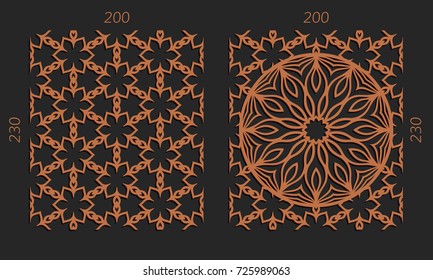Laser cutting set. Woodcut vector trellis panels. Plywood lasercut floral design. Hexagonal seamless patterns for printing, engraving, paper cut. Stencil lattice ornaments.