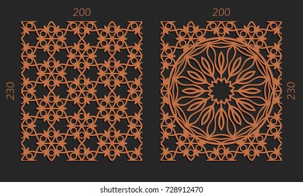 Laser cutting set. Woodcut vector trellis panels. Plywood lasercut floral design. Hexagonal seamless patterns for printing, engraving, paper cut. Stencil lattice ornaments.