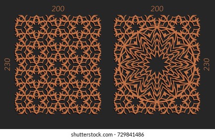 Laser cutting set. Woodcut vector trellis panels. Plywood lasercut floral design. Hexagonal seamless patterns for printing, engraving, paper cut. Stencil lattice ornaments.