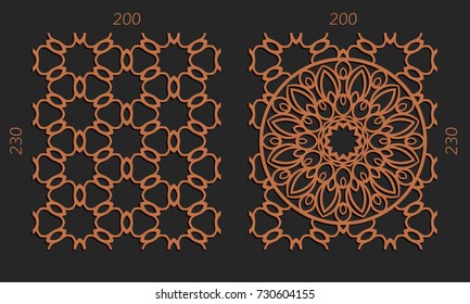Laser cutting set. Woodcut vector trellis panels. Plywood lasercut floral design. Hexagonal seamless patterns for printing, engraving, paper cut. Stencil lattice ornaments.