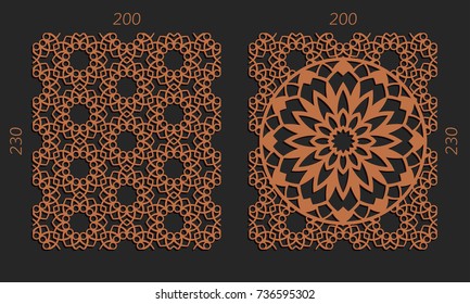 Laser cutting set. Woodcut vector trellis panels. Plywood lasercut floral design. Hexagonal seamless patterns for printing, engraving, paper cut. Stencil lattice ornaments.