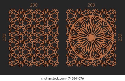 Laser cutting set. Woodcut vector trellis panels. Plywood lasercut floral design. Hexagonal seamless patterns for printing, engraving, paper cut. Stencil lattice ornaments.