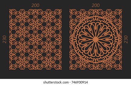 Laser cutting set. Woodcut vector trellis panels. Plywood lasercut floral design. Hexagonal seamless patterns for printing, engraving, paper cut. Stencil lattice ornaments.