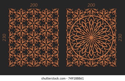 Laser cutting set. Woodcut vector trellis panels. Plywood lasercut floral design. Hexagonal seamless patterns for printing, engraving, paper cut. Stencil lattice ornaments.