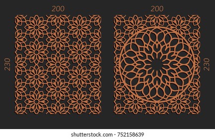Laser cutting set. Woodcut vector trellis panels. Plywood lasercut floral design. Hexagonal seamless patterns for printing, engraving, paper cut. Stencil lattice ornaments.