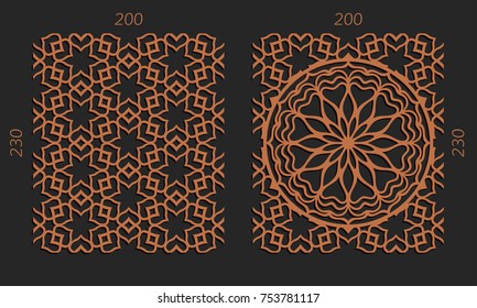 Laser cutting set. Woodcut vector trellis panels. Plywood lasercut floral design. Hexagonal seamless patterns for printing, engraving, paper cut. Stencil lattice ornaments.