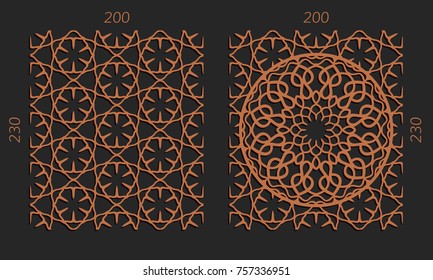 Laser cutting set. Woodcut vector trellis panels. Plywood lasercut floral design. Hexagonal seamless patterns for printing, engraving, paper cut. Stencil lattice ornaments.