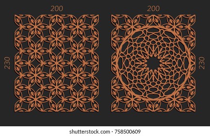 Laser cutting set. Woodcut vector trellis panels. Plywood lasercut floral design. Hexagonal seamless patterns for printing, engraving, paper cut. Stencil lattice ornaments.