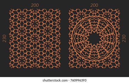Laser cutting set. Woodcut vector trellis panels. Plywood lasercut floral design. Hexagonal seamless patterns for printing, engraving, paper cut. Stencil lattice ornaments.