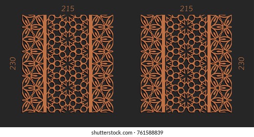Laserschneidsatz. Holzschnitt-Vektor-Gitterplatten. Sperrholz Laserschnitt florale Design. Gestreifte nahtlose Muster für Druck, Gravur, Papierschnitt. Schablonengitterschmuck