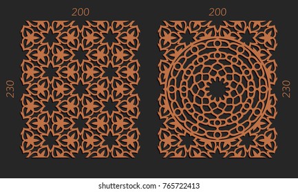 Laser cutting set. Woodcut vector trellis panels. Plywood lasercut floral design. Hexagonal seamless patterns for printing, engraving, paper cut. Stencil lattice ornaments.